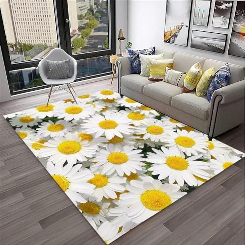 YOUOUSI Weißer Gänseblümchen-Pflanzen-Blumen-Bereichsteppich, universelle Fußmatte, dekorativer Teppich für Wohnzimmer, Schlafzimmer, Sofa, Kinderspielmatte von YOUOUSI
