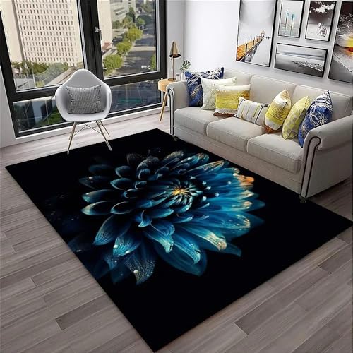 YOUOUSI Wunderschöner moderner Teppich mit blauen Blumen, Raumdekoration, Heimmatte, maschinenwaschbarer, großer Teppich, geeignet für Schlafzimmer von YOUOUSI
