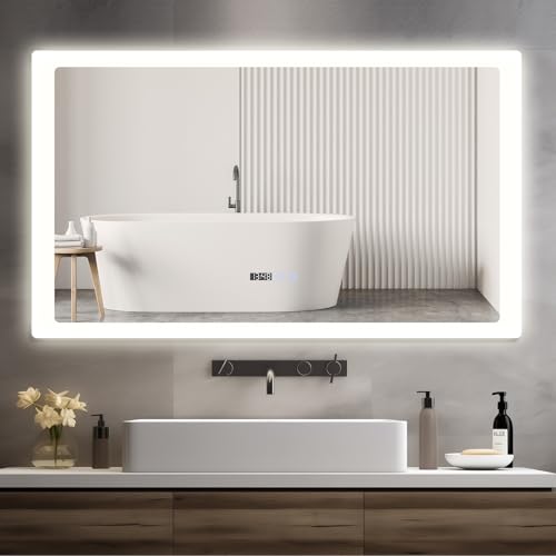 YOURLITE Badspiegel mit Beleuchtung LED 60x100cm, Badezimmerspiegel mit Touch Schalter, Einstellbare Helligkeit, mit Zeit und Temperaturanzeige, Beschlagfrei, Speicherfunktion, IP44 von YOURLITE