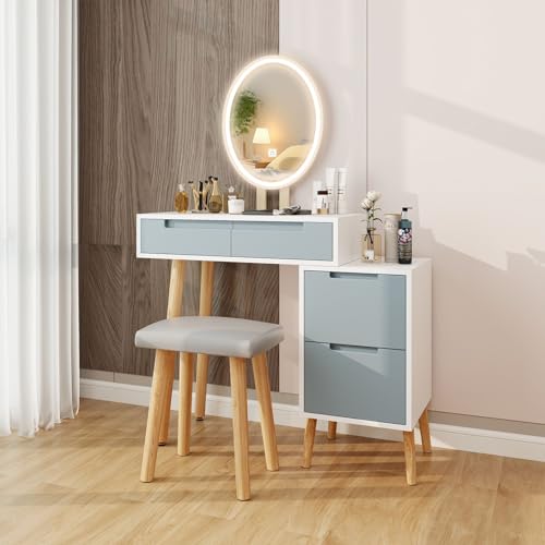 YOURLITE Schminktisch mit LED-Beleuchtung, Frisiertisch mit Hocker und Oval Spiegel, 3 Farben mit Einstellbarer Helligkeit, Kosmetiktisch mit 4 Schubladen, Modern, Grau, Weiß von YOURLITE