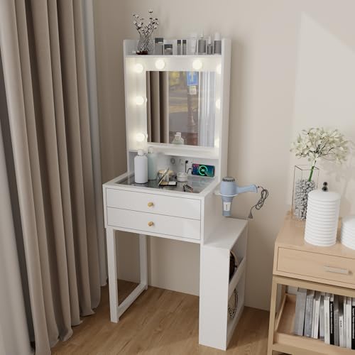 YOURLITE Schminktisch mit LED-Beleuchtung, Frisiertisch mit Spiegel und Steckdose, Kosmetiktisch mit Tischplatte aus Glas und Schubladen, Einstellbarer Helligkeit, mit Seitenschrank Haartrocknerhalter von YOURLITE