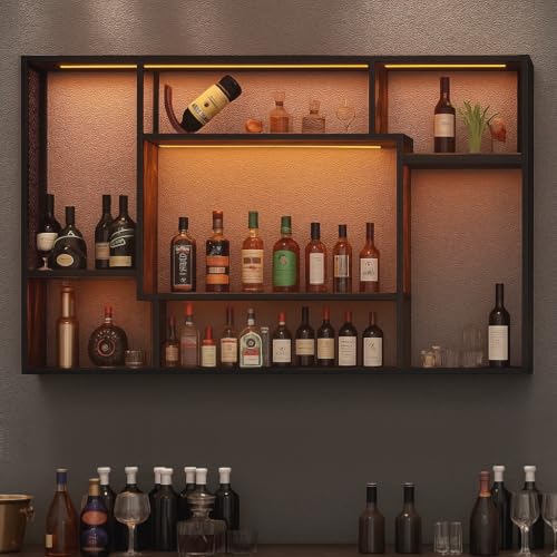 YOURLITE Weinregal Wand Metall, Bar Regal mit LED-Beleuchtung Modernes, Wandmontage Wine Display-Ständer, 3-stöckige Weinregal Metall, für Bars, Wohnzimmer, Küche, Restaurant, Schwarz von YOURLITE