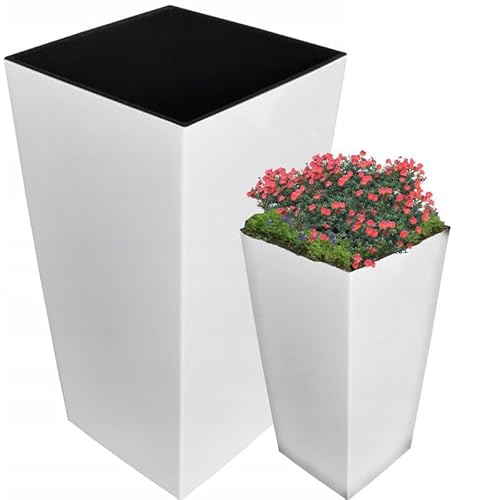 YOURSGARTEN Blumentopf Übertopf Weiß Innen Außen mit Innenkasten wetterfest, Pflanzkübel aus Kunststoff inkl. Einsatz 19x19x37cm von YOURSGARTEN