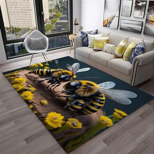 YOUSHIHUI 3D gelbe Blume Insekt Biene rutschfeste Bodenmatte, Delfin-Tatami-Bodenmatte, Fenster-Nachtdecke für Zuhause, Bodendekoration von YOUSHIHUI