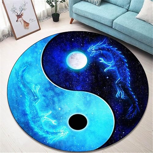 YOUSHIHUI Blauer Yin Yang Tai Chi Drache Runder Teppich, Wohnzimmerteppich, Kinderzimmersofa, Spielzimmerdekor, rutschfeste Bodenmatte von YOUSHIHUI