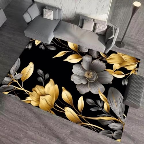 YOUSHIHUI Golden Grey Flower Leaves Cute Pattern Bodenmatte Anti-Rutsch-Teppich Türabdeckung Indoor Küche Badezimmer Wohnzimmer Fußmatte Teppich von YOUSHIHUI