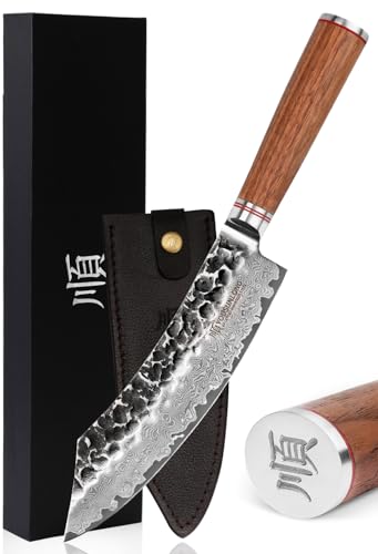 YOUSUNLONG Blockmesser 20,50cm Metzgermesser klein extrem scharfe Klinge I Damast Küchenmesser und Profi Kochmesser aus echtem Damaststahl mit Hammerschlag & Nussbaumgriff von YOUSUNLONG