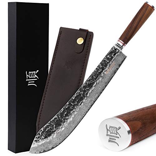 YOUSUNLONG Bull Nose Breaking Knife 356 mm (14 Zoll) Extra Länge Superscharfer gehämmerter Griff aus natürlichem Walnussholz aus VG10-Damaststahl mit Leder von YOUSUNLONG