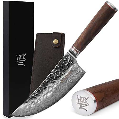 YOUSUNLONG Cleaver Butcher Knife 8 Zoll （205mm） Japanischer gehämmerter Damaskus Edelstahl Natur Walnuss Holzgriff mit Lederscheide von YOUSUNLONG