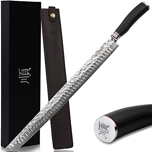 YOUSUNLONG Thunfischmesser 430 mm - Japanischer Damaststahl Ultimate Yanagiba Messer Sujihiki Messer Geeignet zum Schneiden von großen Maguro Thunfisch Lachs - Ebenholzgriff mit Lederscheide von YOUSUNLONG