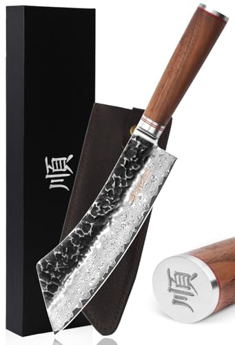 YOUSUNLONG Fleischbratenmesser Brechmesser 9 Zoll (22,86 cm) Gehämmerter Damaststahl Japanisch VG10 - Slicer Fleisch, Grill, Hackfleisch - Natürlicher Walnussholzgriff mit Lederscheide von YOUSUNLONG