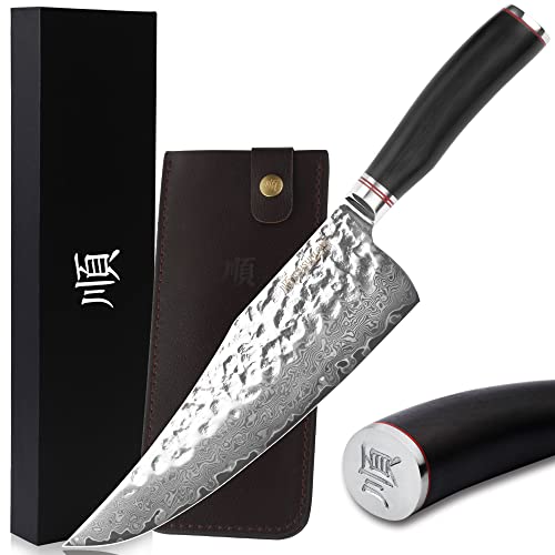 YOUSUNLONG Fleischerbeilmesser 22,8 cm Bratenmesser mit spitzem Schwanz Japanischer Damaststahl Rasiermesserscharf Griff natürlichem Ebenholz mit Lederscheide Metzger von YOUSUNLONG