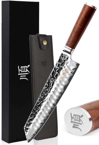 YOUSUNLONG Kiritsuke Kochmesser 10 Zoll japanische 67-Lagen Damaskus gehämmert Edelstahl Rasiermesser Sharp - Natur Walnuss Griff mit Lederscheide inklusive Geschenkbox von YOUSUNLONG