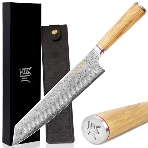YOUSUNLONG Kiritsuke Kochmesser 25,4 cm - Japanischer gehämmerter Damaststahl - Superscharf - Griff aus italienischem Olivenholz mit Lederscheide - Küchenmesser - Slicer Fleisch, Rindfleisch, BBQ von YOUSUNLONG