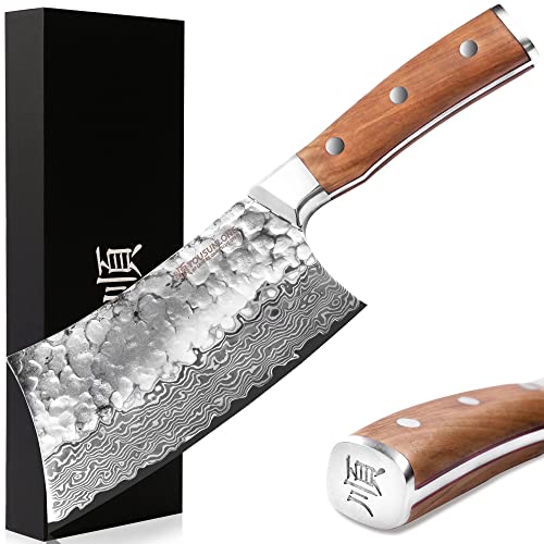 YOUSUNLONG Knochenmesser - 7-Zoll - Knochenspaltmesser - Hochleistungs-Knochenbrecher - Japanischer gehämmerter Damaststahl - Griff aus italienischem Olivenholz von YOUSUNLONG
