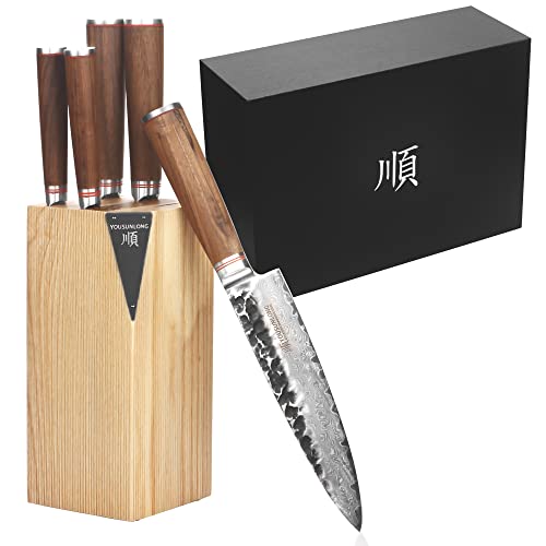 YOUSUNLONG Küchenmesser-Set - 5-teilig - mit amerikanischem Fraxinus-Holzhalter - japanische VG10-Damastklinge - Griff aus natürlichem Walnussholz mit Geschenkbox von YOUSUNLONG