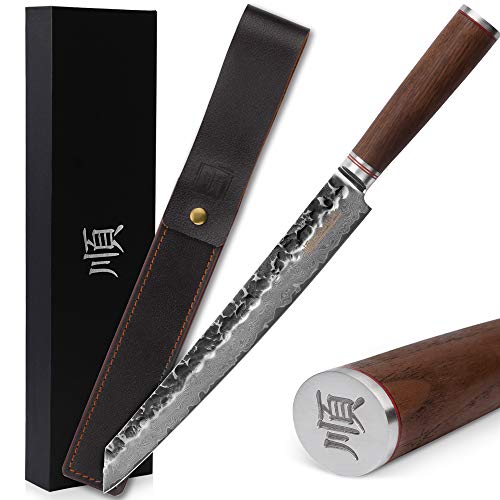 YOUSUNLONG Max Sujihiki Messer 11 Zoll japanisches Pro Carving Messer Damaststahl Ergonomisches Design Schneidemesser Walnt Griff mit Leder inklusive Geschenkbox von YOUSUNLONG