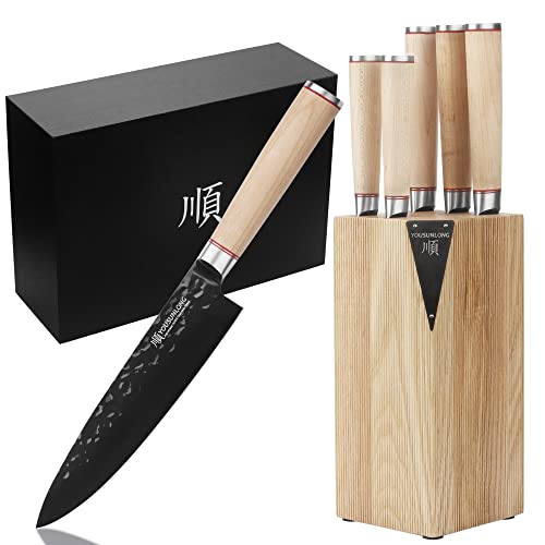 YOUSUNLONG Messerblock-Sets – 5-teiliges Messerset – japanischer AUS8-Stahl, schwarzes Titan – Messerhalter aus natürlichem Fraxinus-Americana-Holz – Griff aus kanadischem Ahornholz – Küchenmesser-Set YOUSUNLONG Messerblock-Sets – 5-teiliges Messerset – japanischer AUS8-Stahl, schwarzes Titan – Messerhalter aus natürlichem Fraxinus-Americana-Holz – Griff aus kanadischem Ahornholz – Küchenmesser-Set von YOUSUNLONG
