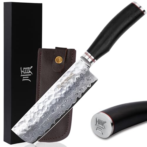 YOUSUNLONG Nakiri Messer 6,5 Zoll (16.5cm) Usuba Messer Japanische Hammered Damaskus Stahl Griff aus natürlichem Bleiholz mit Lederscheide von YOUSUNLONG