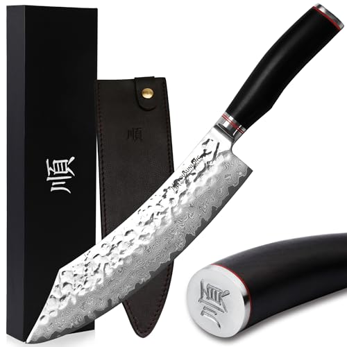 YOUSUNLONG Damast Metzgermesser groß - sehr hochwertiges, sehr scharfes professionelles Blockmesser mit Damastklinge 25 cm, Küchenmesser, Damastmesser Kochmesser - Bleiholzgriff mit Leder YOUSUNLONG Damast Metzgermesser groß - sehr hochwertiges, sehr scharfes professionelles Blockmesser mit Damastklinge 25 cm, Küchenmesser, Damastmesser Kochmesser - Bleiholzgriff mit Leder von YOUSUNLONG