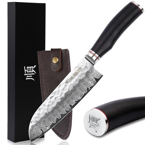 YOUSUNLONG Santoku Messer 7 Zoll (17.8cm) Kochmesser Japanischer gehämmerter Damaststahl Holzgriff aus natürliches Bleiholz mit Lederscheide von YOUSUNLONG