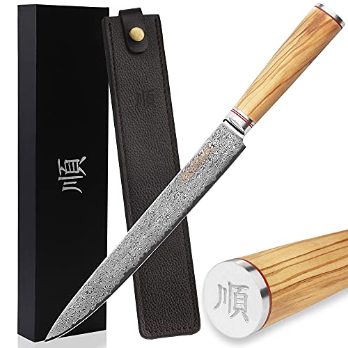 YOUSUNLONG Sashimi Fischfiletmesser Schnitzmesser 25.40 cm (10 Zoll) Hochwertiger japanischer Damaststahl - italienisches Olivenholz mit Lederscheide von YOUSUNLONG