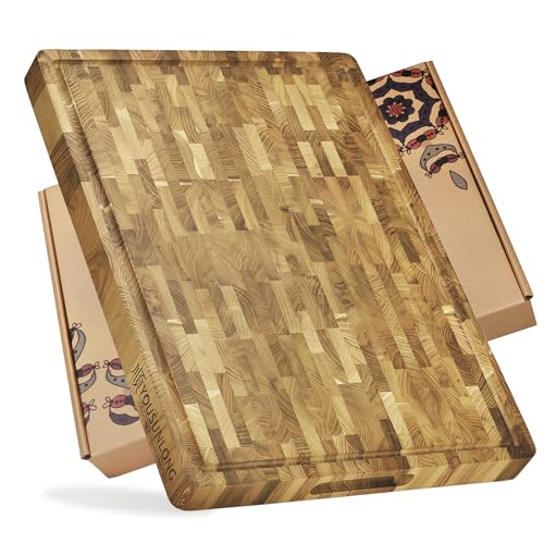 YOUSUNLONG Schneidebrett - XXL Großes End-Grain Teakholz Fleischer-Block - 61L x 46B x 3,8D cm - Schneidebrett für die Küche mit Saftrillengriffen - Käsebrett & Kochfeldbrett von YOUSUNLONG