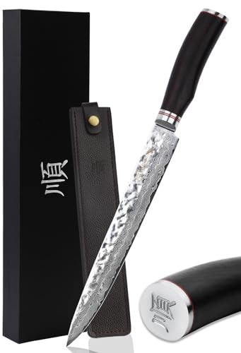 YOUSUNLONG Schnitzmesser 10 Zoll-(25.4cm) Schneidemesser Japanischer Damaststahl Holzgriff aus natürlichem Bleiholzgriff mit Lederscheide von YOUSUNLONG