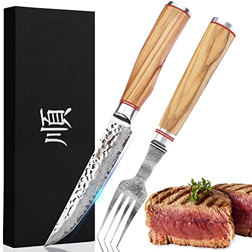 YOUSUNLONG Steakmesser- und Gabelset - 2 Stück - Japanischer Damaszener Stahl - Steakmesser 5'' und Salatgabel 4'' - Steakmesser-Gabel-Set - Griff aus natürlichem Olivenholz mit Geschenkbox von YOUSUNLONG