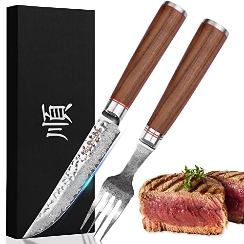 YOUSUNLONG Steakmesser und -gabel Set - 2 Stück - Japanischer Damaszener Stahl - Scharfe Klinge - Steakmesser 5'' und Salatgabel 4'' - Griff aus natürlichem Walnussholz mit Geschenkbox von YOUSUNLONG