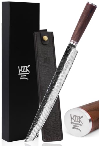 YOUSUNLONG Ultimatives Sujihiki-Schneidemesser 13 Zoll (330 mm) Japanisches Messer Schneidemesser - Japanischer VG10 gehämmerter Damaststahl -Natürlicher Walnussgriff mit Lederscheide und Geschenkbox von YOUSUNLONG