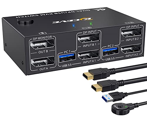 USB 3.0 DP KVM Switch 2 PC 2 Monitore, YOUTINGHDAV KVM-Switches Displayport 4K@144Hz, Displayport 1.4 KVM Switch Dual Monitor, KVM Switches 2 Monitors für 4 USB Geräte Maus Tastatur, mit DP Kabel von YOUTINGHDAV
