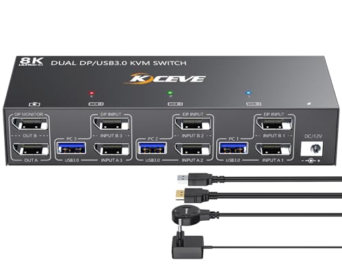 YOUTINGHDAV USB 3.0 KVM Switch 3 PC 2 Monitore Displayport 4K@144Hz, KVM Switch Dual Monitor Displayport 1.4 für 3 PC und Maus Tastatur, mit Wired Remote von YOUTINGHDAV