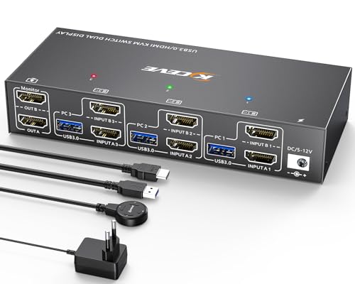 YOUTINGHDAV KVM Switch 3 PC 2 Monitore HDMI 4K@60Hz, EDID, USB 3.0 HDMI 2.0 KVM Switch Dual Monitor für 3 PC Teilen Tastatur, Maus, mit Wired Remote von YOUTINGHDAV
