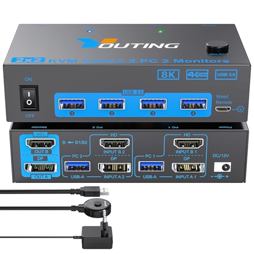 YOUTINGHDAV 2x2 KVM Switch 2 PC 2 Monitore HDMI DP, USB 3.0 KVM Switch Dual Monitor 8K@60Hz HDMI 2.1, 4K@144Hz Displayport 1.4 für 2 PC Teilen Maus Tastatur mit Kabelfernbedienung von YOUTINGHDAV