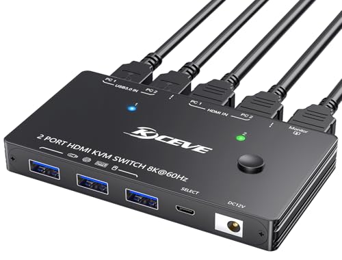 YOUTINGHDAV KVM Switch 2 PC 1 Monitor 8K@60Hz 4K@120Hz, USB 3.0 KVM Switch HDMI 2.1 HDCP 2.3 for 2 Computers teilen sich Tastatur Maus, mit Wired Remote von YOUTINGHDAV