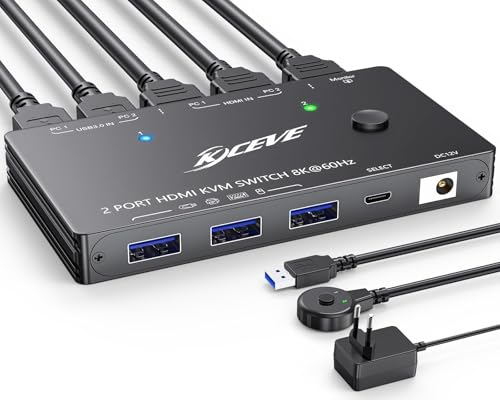 YOUTINGHDAV KVM Switch 2 PC 1 Monitor 8K@60Hz 4K@120Hz, USB 3.0 KVM Switch HDMI 2.1 HDCP 2.3 for 2 Computers teilen sich Tastatur Maus, mit Wired Remote von YOUTINGHDAV