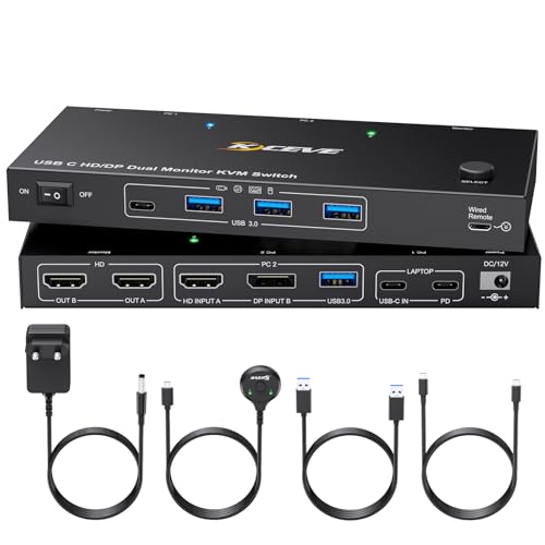 YOUTINGHDAV KVM Switch 2 PC 2 Monitore USB C, KVM Switch Dual Monitor for Laptop & PC, USB 3.0 MST Dual 4K@60Hz, PD 60W für Laptop, HDMI DP KVM-Switches USB C, mit Wired Remote von YOUTINGHDAV