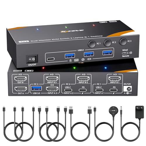 YOUTINGHDAV KVM Switch 3 PC 2 Monitore USB-C, USB 3.0 KVM Switch Dual Monitor HDMI für 2 Laptops 1 Desktop Teilen 4 USB-3.0-Geräte Tastatur Maus, 85-W-PD, 4K@60Hz, Netzteil und Kabelfernbedienung von YOUTINGHDAV