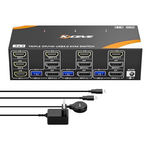 YOUTINGHDAV KVM Switch 3 PC 3 Monitore 8K@60Hz / 4K@144Hz, Displayport 1.4 HDMI 2.1 USB 3.0 KVM Switch Triple Monitor für 3 PC Teilen Maus, Tastatur mit Wired Remote und 12V Power Adapter YOUTINGHDAV KVM Switch 3 PC 3 Monitore 8K@60Hz / 4K@144Hz, Displayport 1.4 HDMI 2.1 USB 3.0 KVM Switch Triple Monitor für 3 PC Teilen Maus, Tastatur mit Wired Remote und 12V Power Adapter von YOUTINGHDAV