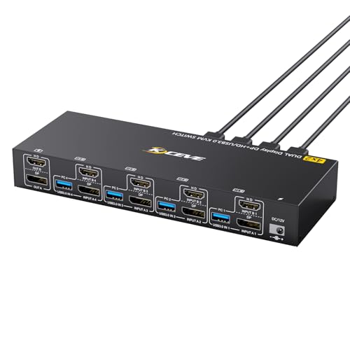 YOUTINGHDAV KVM Switch 4 PC 3 Monitore 8K@60Hz 4K@144Hz, USB 3.0 KVM Switch Triple Monitor 2 Displayport 1.4 + HDMI 2.1 für 4 PC Teilen Maus Tastatur, mit Wired Remote und Power adapter von YOUTINGHDAV