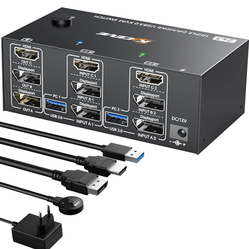 YOUTINGHDAV USB 3.0 KVM Switch 2 PC 3 Monitore 8K@60Hz 4K@144Hz, Triple Monitor KVM Switch 2 Displayport + 1 HDMI für 2 PC Teilen 4 USB Devices Maus, Tastatur, mit Wired Remote und 12V Power Adapter von YOUTINGHDAV
