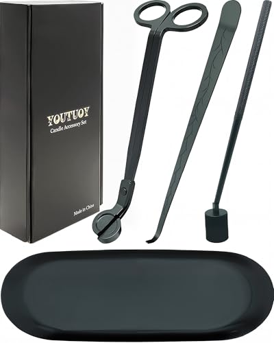 YOUTUOY 4-in-1-Kerzenzubehör-Set mit Ablagetablettplatte, Kerzendochtschneider, Kerzendochtlöscher, Kerzendochtlöffel, ideal für Duftkerzenliebhaber (Mattschwarz) von YOUTUOY