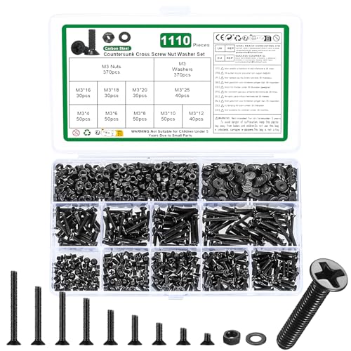 1110 Stk M3 Schrauben Set, Senkkopfschrauben Muttern Set, Flachkopfschrauben und Muttern Set, Kreuzschlitz Maschinenschrauben Sortiment, Gewindeschrauben Set mit Unterlegscheiben Set(Schwarz, M3) von YOUYIDUN