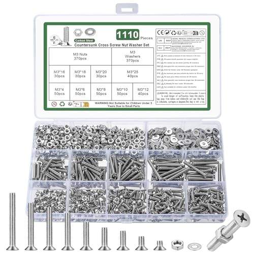 1110 Stk M3 Schrauben Set, Senkkopfschrauben Muttern Set, Flachkopfschrauben und Muttern Set, Kreuzschlitz Maschinenschrauben Sortiment, Gewindeschrauben Set mit Unterlegscheiben Set(Silber, M3) von YOUYIDUN