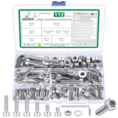 112 Stk M8 Schrauben Set, Zylinderschrauben Muttern Set, Sechskantschrauben mit Muttern Set, Gewindeschrauben mit Innensechskant Schrauben Set, Maschinenschrauben Sortiment mit Unterlegscheiben Set von YOUYIDUN
