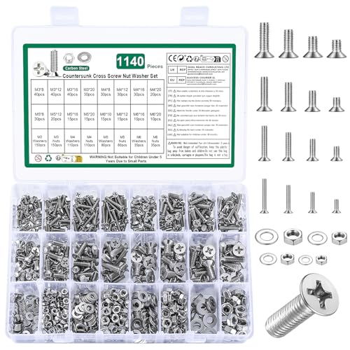 1140 Stk M3 M4 M5 M6 Schrauben Set, Senkkopfschrauben Muttern Set, Flachkopfschrauben und Muttern Set, Kreuzschlitz Maschinenschrauben Sortiment Kit mit Unterlegscheiben Set(Silber, M3 M4 M5 M6) von YOUYIDUN