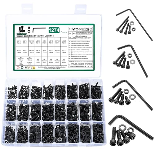 12.9 Kohlenstoffstahl Sechskantschrauben Muttern Set, Zylinderkopfschrauben mit Muttern Set, Innensechskant Schrauben und Muttern Set mit Unterlegscheiben, Maschinenschrauben Sortiment M2//M3/M4/M5 von YOUYIDUN