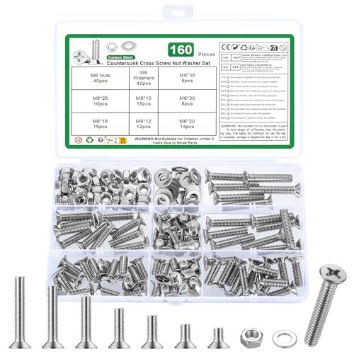 160 Stk M6 Schrauben Set, Senkkopfschrauben Muttern Set, Flachkopfschrauben und Muttern Set, Kreuzschlitz Maschinenschrauben Sortiment, Gewindeschrauben Set mit Unterlegscheiben Set(Silber, M6) von YOUYIDUN