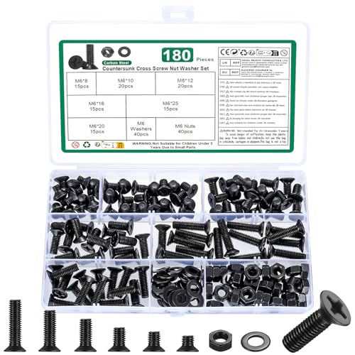 180 Stk M6 Schrauben Set, Senkkopfschrauben Muttern Set, Maschinenschrauben und Muttern Set, Flachkopfschrauben mit Unterlegscheiben Set, Schwarz Kreuzschlitzschrauben Gewindeschrauben Sortiment Kit von YOUYIDUN